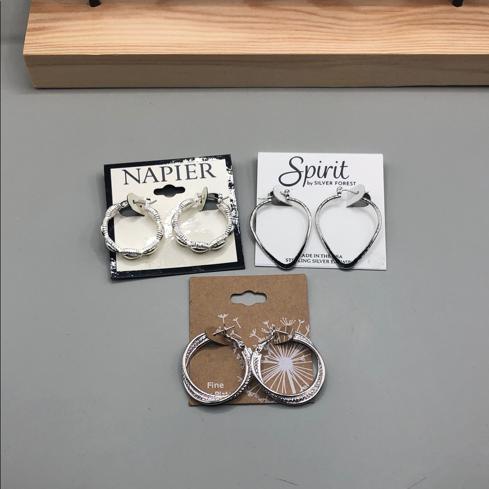 Bundle 3 silver open hoop earrings textured, almond shape Napier Silver Forest +